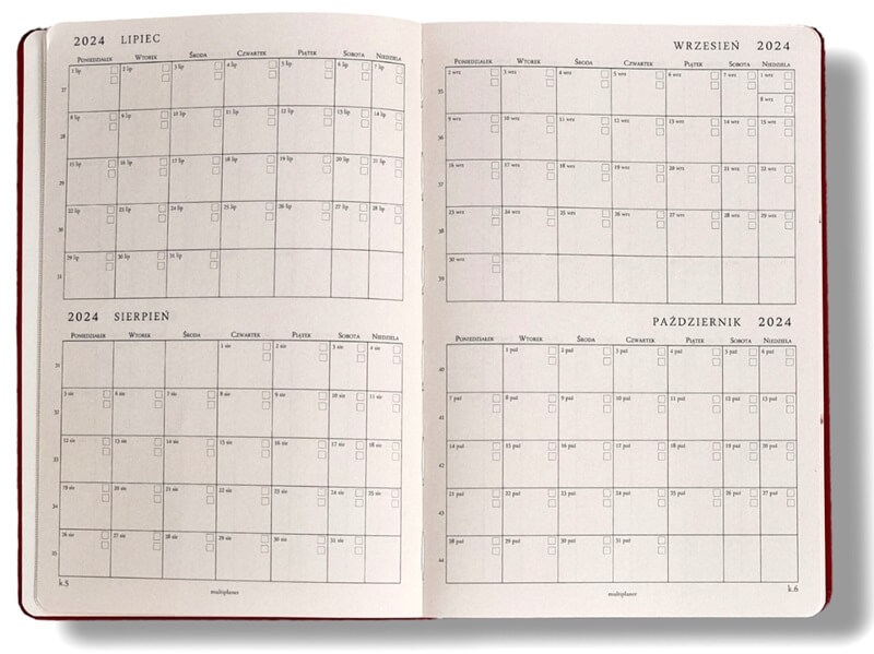 Kalendarze miesięczne w planerze datowanym Multiplanera